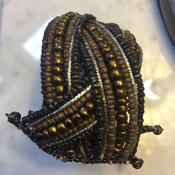 Gold brown beaded cuff bracelet - Picture 2 of 4